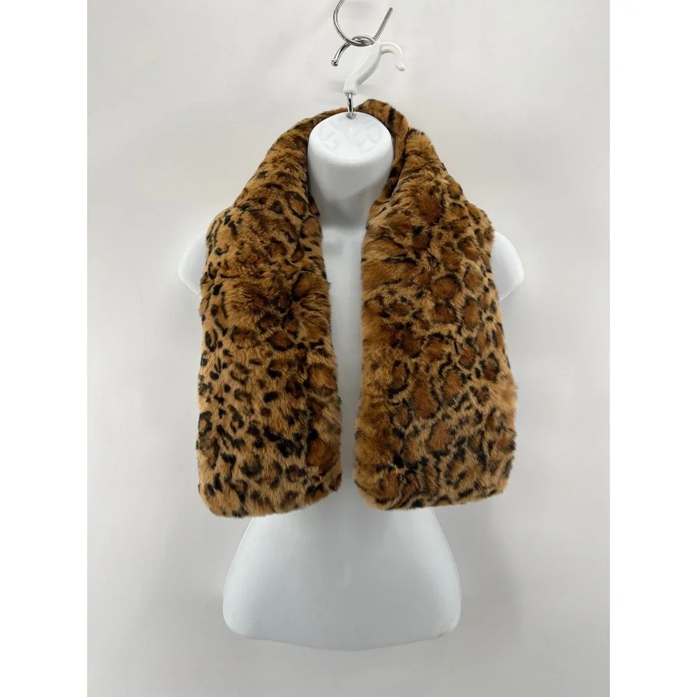 Bloomingdales Real Rabbit Fur Scarf Brown Leopard Mob Wife Luxury Rex Silk Lined